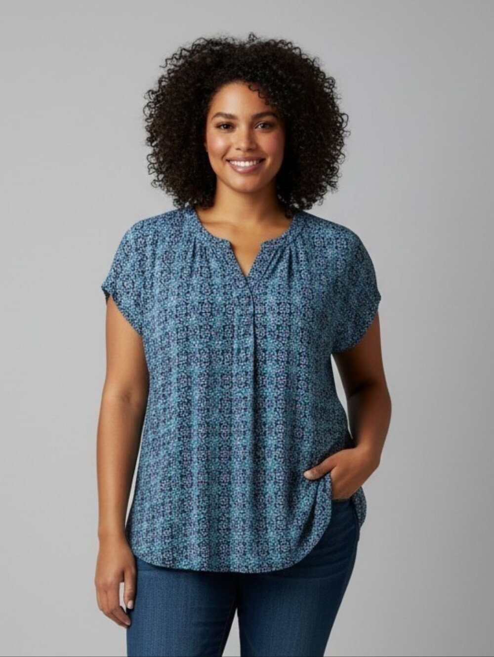 Roz & Ali Navy and Light Blue Printed Short Sleeve Tunic